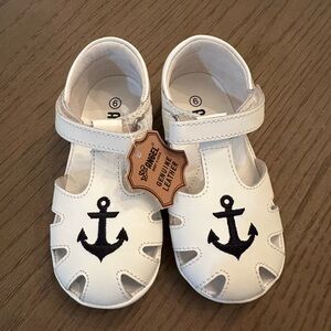 White Kids Leather Sandals with Navy Anchor Embroidery